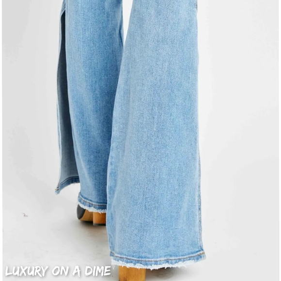 Retro Mid-rise Split Bell Bottom Flare Leg Raw Hem Skinny Jean Pants Judy Blue - Picture 6 of 10